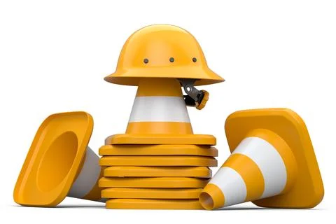 Stack of safety helmets or hard hats and traffic cones on white background 库存插图