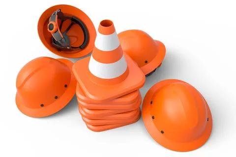 Stack of safety helmets or hard hats and traffic cones on white background Stock Illustration
