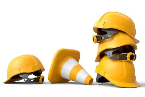 Stack of safety helmets or hard hats and traffic cones on white background Stock Illustration