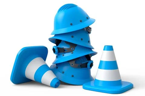 Stack of safety helmets or hard hats and traffic cones on white background Stock Illustration