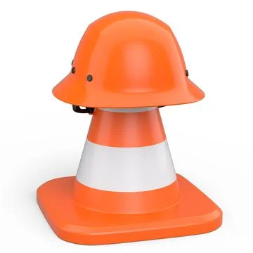 Stack of safety helmets or hard hats and traffic cones on white background 库存插图