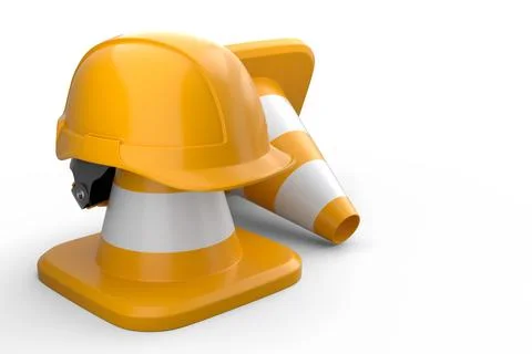 Stack of safety helmets or hard hats and traffic cones on white background 库存插图