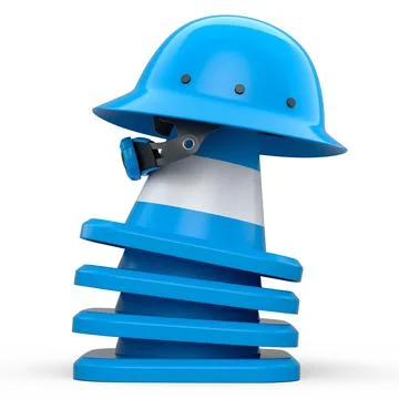 Stack of safety helmets or hard hats and traffic cones on white background 스톡 일러스트
