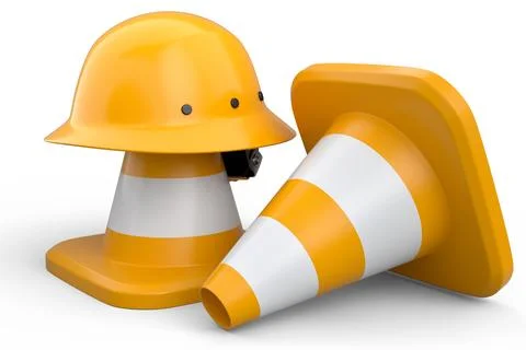 Stack of safety helmets or hard hats and traffic cones on white background Stockillustratie