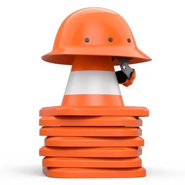 Stack of safety helmets or hard hats and traffic cones on white background Stock Illustration