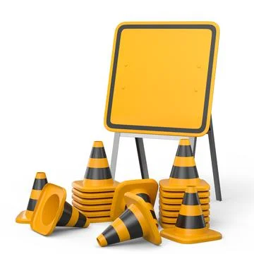 Stack of safety helmets or hard hats and traffic cones on green background Stock Illustration