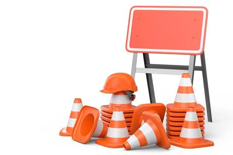 Stack of safety helmets or hard hats and traffic cones on green background Stock Illustration