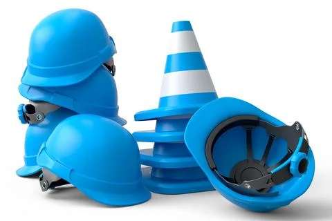Stack of safety helmets or hard hats and traffic cones on white background Illustrazione stock