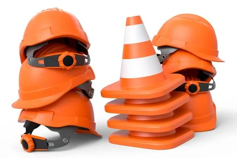 Stack of safety helmets or hard hats and traffic cones on white background Stock Illustration