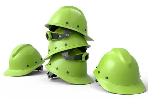 Stack of safety helmets or hard caps for carpentry work on white background Stock Illustration