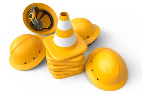 Stack of safety helmets or hard hats and traffic cones on white background Stock Illustration