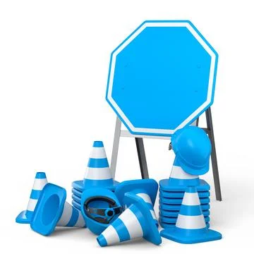 Stack of safety helmets or hard hats and traffic cones on green background 스톡 일러스트