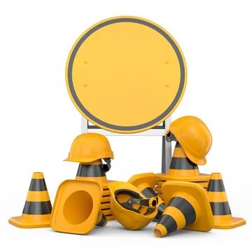 Stack of safety helmets or hard hats and traffic cones on green background Illustrazione stock