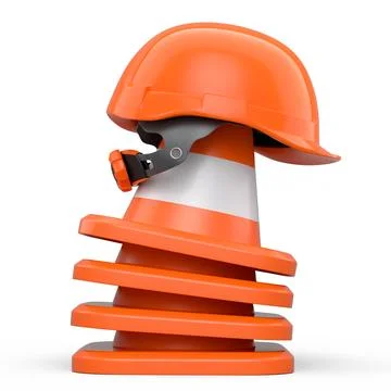 Stack of safety helmets or hard hats and traffic cones on white background Stock Illustration