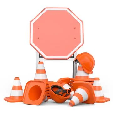 Stack of safety helmets or hard hats and traffic cones on green background Stock Illustration
