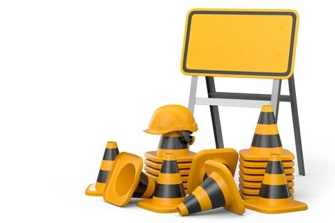 Stack of safety helmets or hard hats and traffic cones on green background Stock Illustration