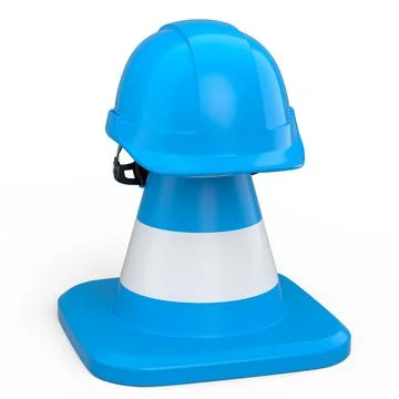 Stack of safety helmets or hard hats and traffic cones on white background Stock Illustration