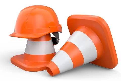 Stack of safety helmets or hard hats and traffic cones on white background Stock Illustration