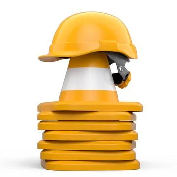 Stack of safety helmets or hard hats and traffic cones on white background Stock Illustration