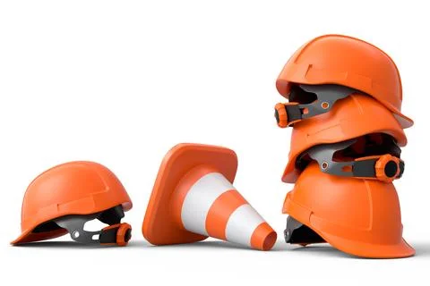 Stack of safety helmets or hard hats and traffic cones on white background Stock Illustration
