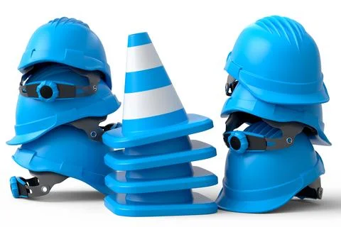 Stack of safety helmets or hard hats and traffic cones on white background 스톡 일러스트