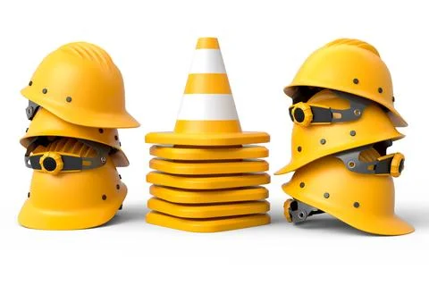Stack of safety helmets or hard hats and traffic cones on white background Stock Illustration