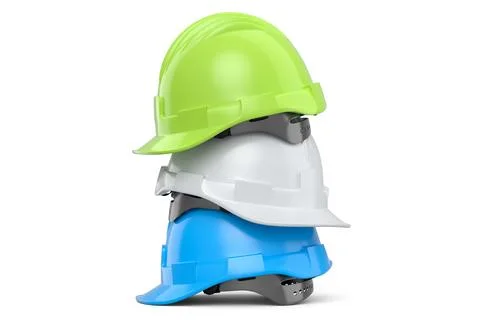 Stack of safety helmets or hard caps for carpentry work on white background Stock Illustration