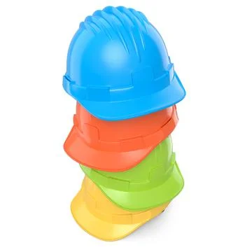 Stack of safety helmets or hard caps for carpentry work on white background Stock Illustration