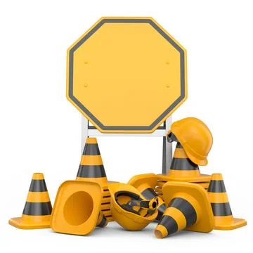 Stack of safety helmets or hard hats and traffic cones on green background 스톡 일러스트