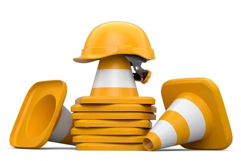 Stack of safety helmets or hard hats and traffic cones on white background 스톡 사진