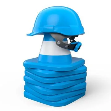 Stack of safety helmets or hard hats and traffic cones on white background 스톡 사진
