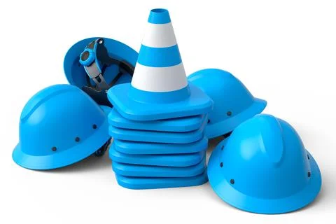 Stack of safety helmets or hard hats and traffic cones on white background 스톡 사진