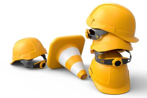 Stack of safety helmets or hard hats and traffic cones on white background 스톡 사진