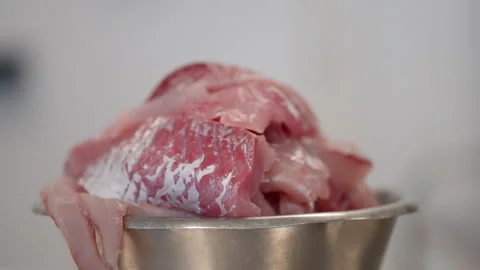 Stack of Salted Herring Fillets in Metal Bowl During Seafood Prep in 스톡 동영상 295338247