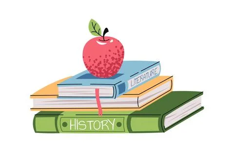 Stack of School Books with Apple in Flat Style on White Background. Back to Stock Illustration