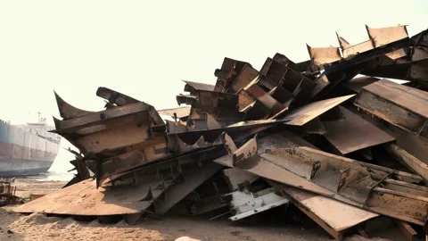 Stack Of Scrap Metal From Ships At Gadani Ship Breaking Yard. Pan Left Vídeo Stock 166827022