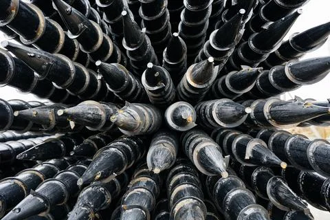 Stack of screw piles for house foundation Foto stock