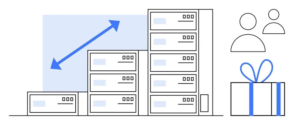 Stack of servers with an upward growth arrow, two people icons, and a gift bo 스톡 일러스트