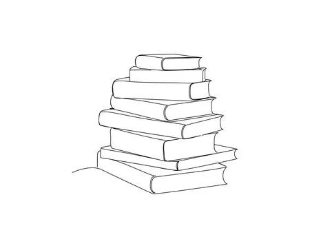 Stack of seven books arranged unevenly, depicted in a simple line drawing. Stock Illustration