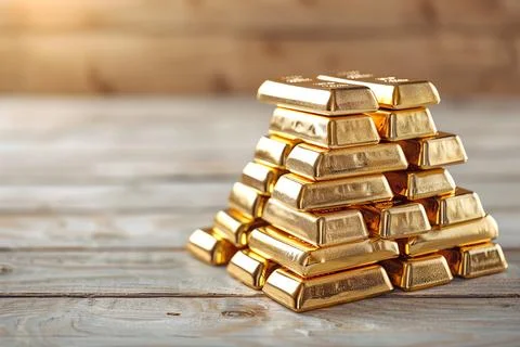 Stack of shining gold bars arranged in a pyramid shape on a wooden surface, s Foto stock