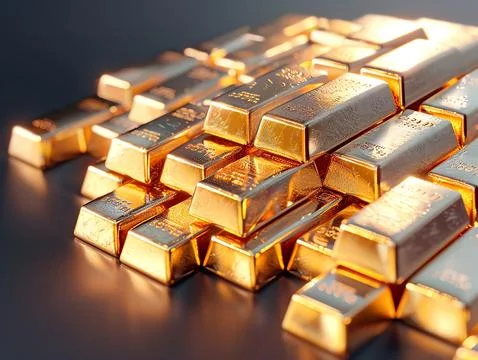 A stack of shining gold bars displayed on a dark surface, symbolizing wealth, Stock Photos