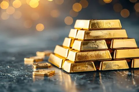 Stack of shining gold bars with a glittering background in a luxurious setup. Stock Photos