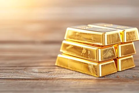 Stack of shining gold bars on a wooden surface with sunlight reflecting. Idea Foto stock
