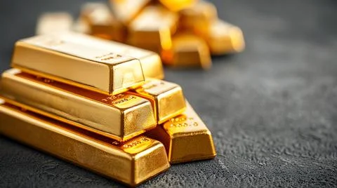 Stack of shiny gold bars on a dark textured surface, representing wealth, inv Foto stock