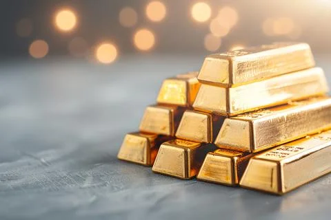 Stack of shiny gold bars on a grey surface with soft bokeh lights in the back Foto stock