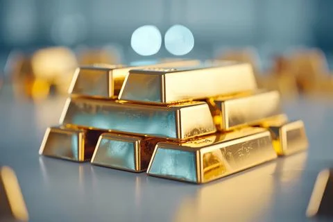 Stack of shiny gold bars on a reflective surface, representing wealth, invest Stock Photos