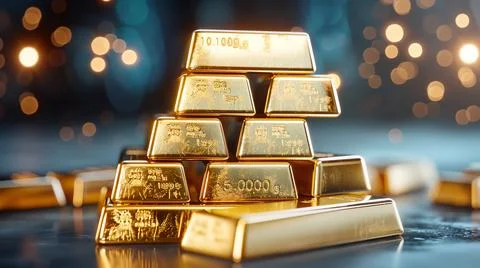 Stack of shiny gold bars on a reflective surface, illuminated by sparkling li Stock Photos
