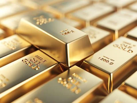 A stack of shiny gold bars representing wealth, investment, and economic stab Foto stock