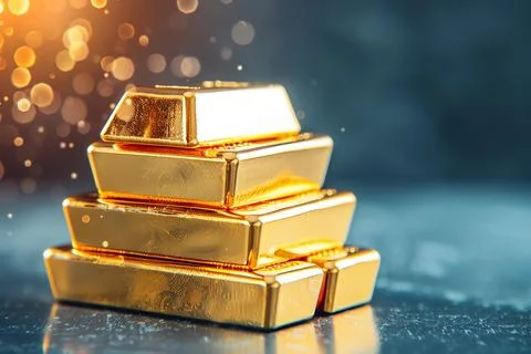 Stack of shiny gold bars with a sparkling bokeh background, symbolizing wealt Stock Photos