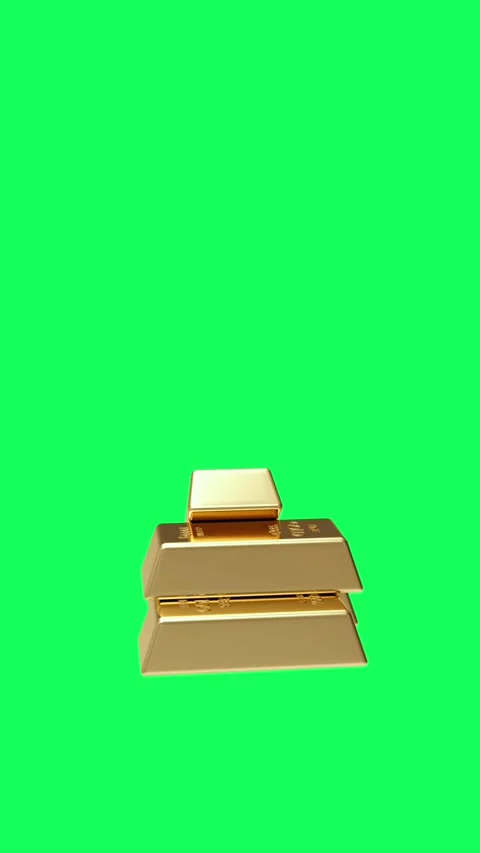 A stack of shiny gold bars spins on a green screen in a 3D animation. Видео 335826310